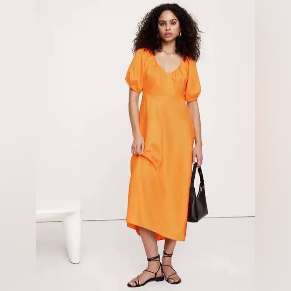NWT Banana Republic Vibrant Orange  Viscose Linen Puff-Sleeve Midi Dress